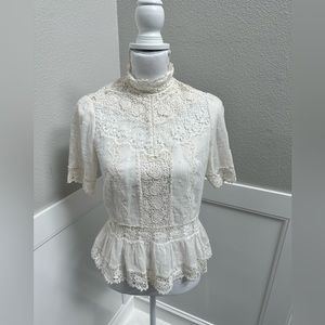 Rebecca Taylor Embroidered Mock Neck Short Sleeve Peplum Top Size 00 Ivory